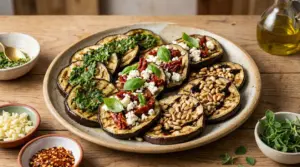 Piatto di melanzane grigliate condite con erbe, feta e pomodori secchi, pinoli e glassa balsamica