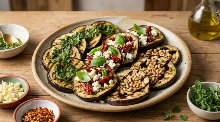 Piatto di melanzane grigliate condite con erbe, feta e pomodori secchi, pinoli e glassa balsamica