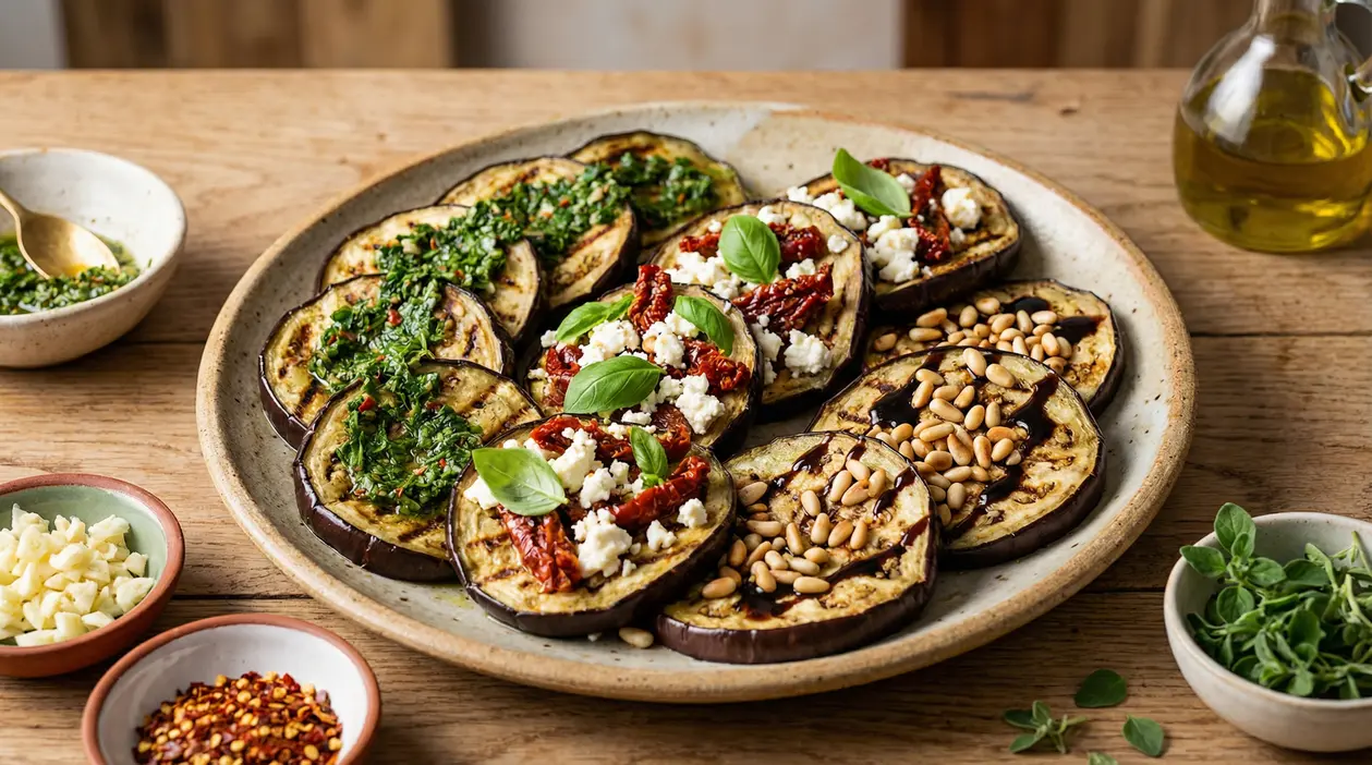 Piatto di melanzane grigliate condite con erbe, feta e pomodori secchi, pinoli e glassa balsamica