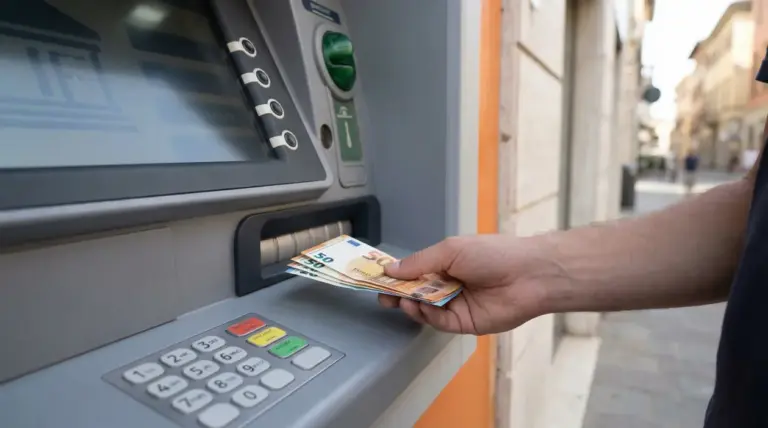 Persona ritira banconote in euro da uno sportello bancomat in strada