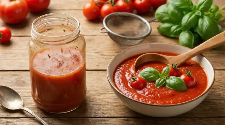 Barattolo e ciotola di salsa di pomodoro con basilico e pomodorini su tavolo di legno