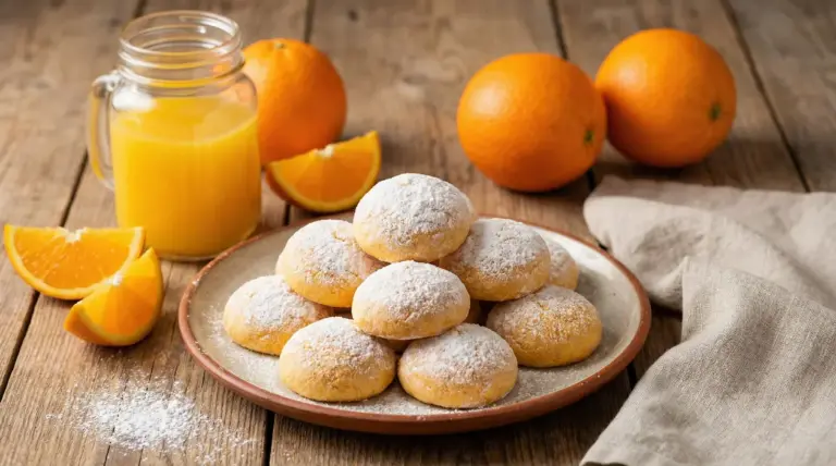 Biscotti morbidi all’arancia spolverati di zucchero a velo su piatto, con succo e spicchi d’arancia sul tavolo
