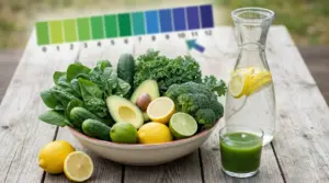 Ciotola con verdure verdi, avocado e agrumi, con acqua al limone e succo verde vicino a una scala del pH