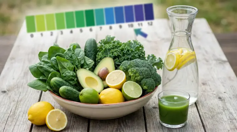 Ciotola con verdure verdi, avocado e agrumi, con acqua al limone e succo verde vicino a una scala del pH