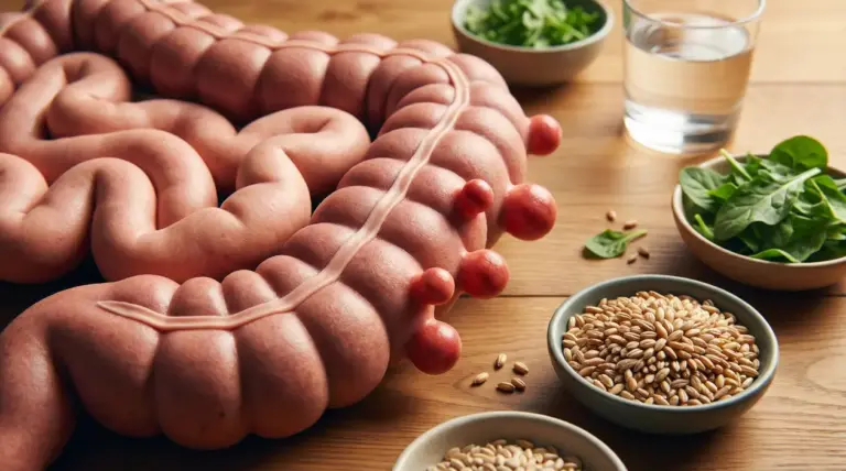 Modello del colon con diverticoli accanto a ciotole di cereali integrali, verdure a foglia e un bicchiere d’acqua