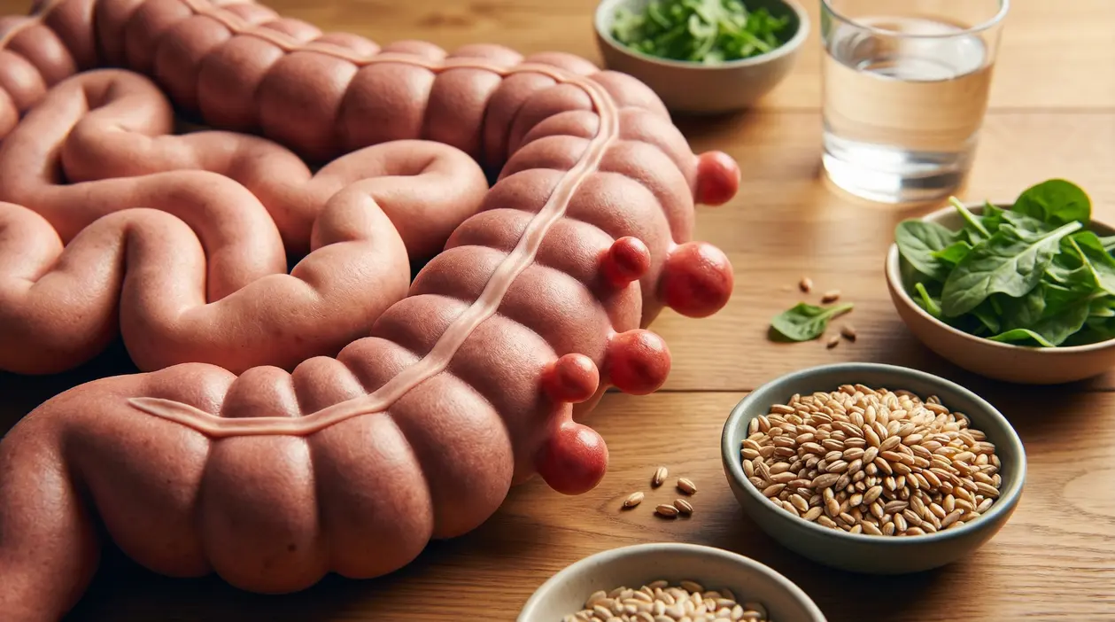 Modello del colon con diverticoli accanto a ciotole di cereali integrali, verdure a foglia e un bicchiere d’acqua