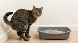 Gatto tigrato vicino alla lettiera con pipì sul pavimento, segnale di problema urinario o comportamentale