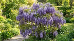 Glicine in fiore con grappoli viola, crescita ad alberello senza sostegni, in un giardino verde e soleggiato