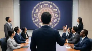 Un manager guida una riunione mentre il team osserva una ruota dello zodiaco su uno schermo in sala meeting
