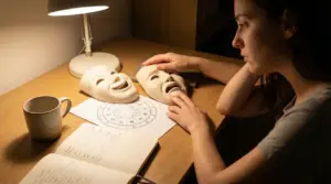 Persona al tavolo con due maschere teatrali e una carta astrologica, simbolo di sbalzi d’umore e segni lunatici