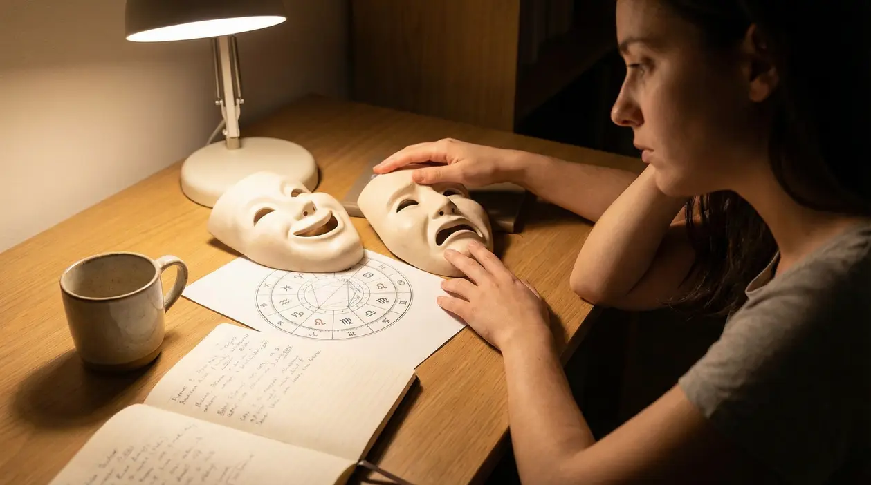Persona al tavolo con due maschere teatrali e una carta astrologica, simbolo di sbalzi d’umore e segni lunatici
