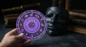Mano che regge una ruota dei segni zodiacali luminosa con una maschera scura e libri sullo sfondo