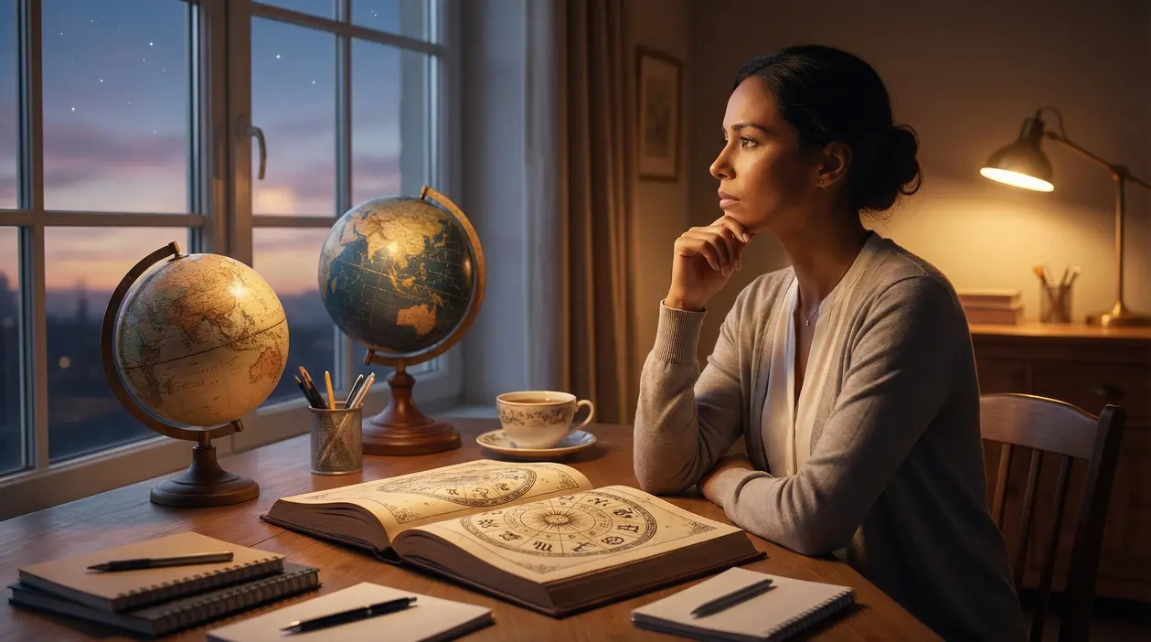 Persona pensierosa alla scrivania con libro di astrologia aperto e globi, mentre guarda fuori dalla finestra