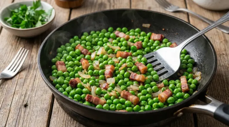 Piselli in padella con pancetta e cipolla, mescolati con una forchetta su tavolo di legno