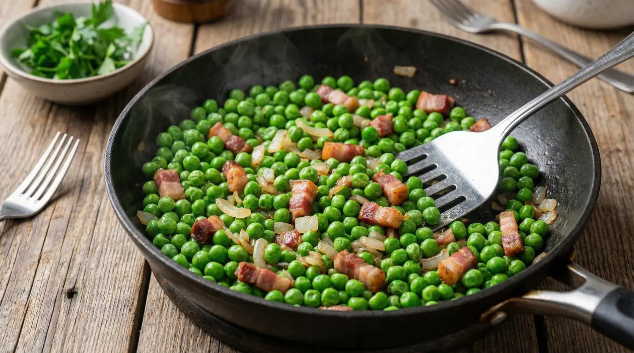 Piselli in padella con pancetta e cipolla, mescolati con una forchetta su tavolo di legno