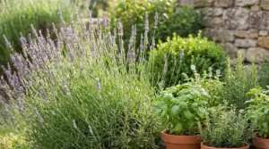 Piante aromatiche in giardino con lavanda in fiore e basilico in vaso, ideali per profumare e tenere lontane le zanzare