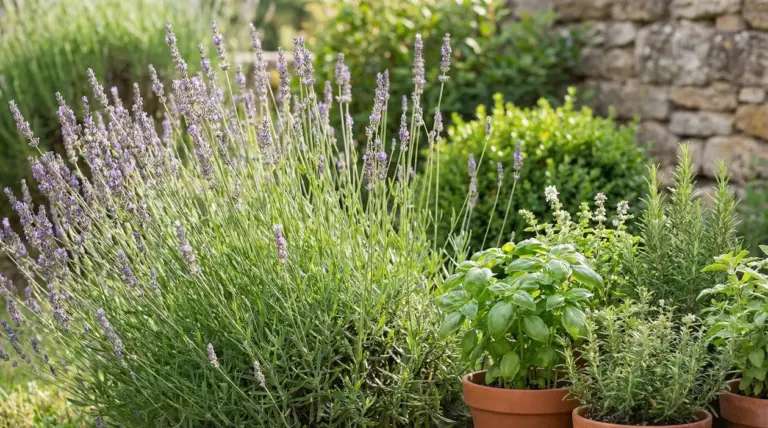 Piante aromatiche in giardino con lavanda in fiore e basilico in vaso, ideali per profumare e tenere lontane le zanzare