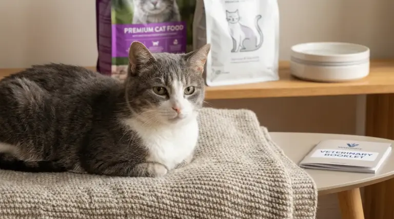 Gatto grigio e bianco sdraiato su una coperta, con confezioni di cibo e libretto veterinario sul tavolo