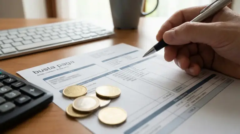 Mano con penna su busta paga con monete in euro, calcolatrice e tastiera, per calcolare il bonus in busta paga