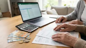 Persona che calcola importo pensione con documenti, calcolatrice, laptop e banconote euro su un tavolo