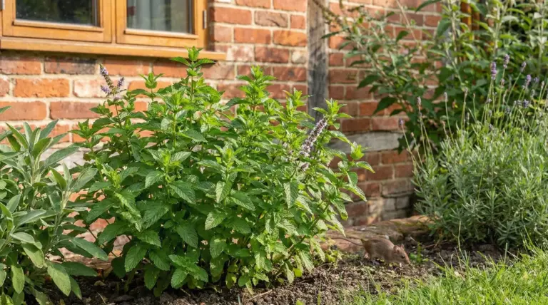 Pianta aromatica in giardino vicino a un muro di mattoni, con un topo che cammina tra il terreno e le piante