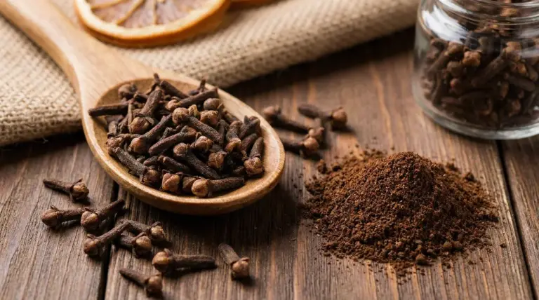 Chiodi di garofano interi in un cucchiaio di legno e polvere di chiodi su tavolo rustico