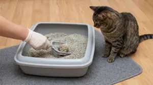 Mano con guanto che pulisce la lettiera, mentre un gatto tigrato osserva accanto alla cassetta