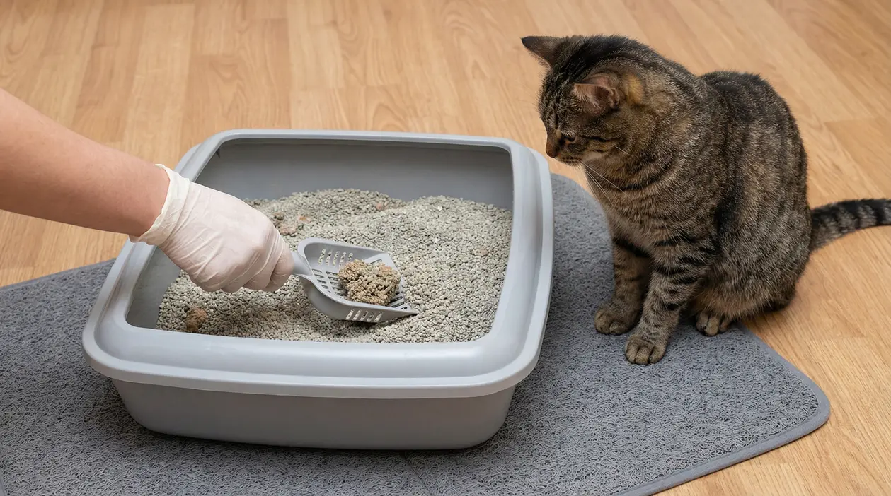Mano con guanto che pulisce la lettiera, mentre un gatto tigrato osserva accanto alla cassetta