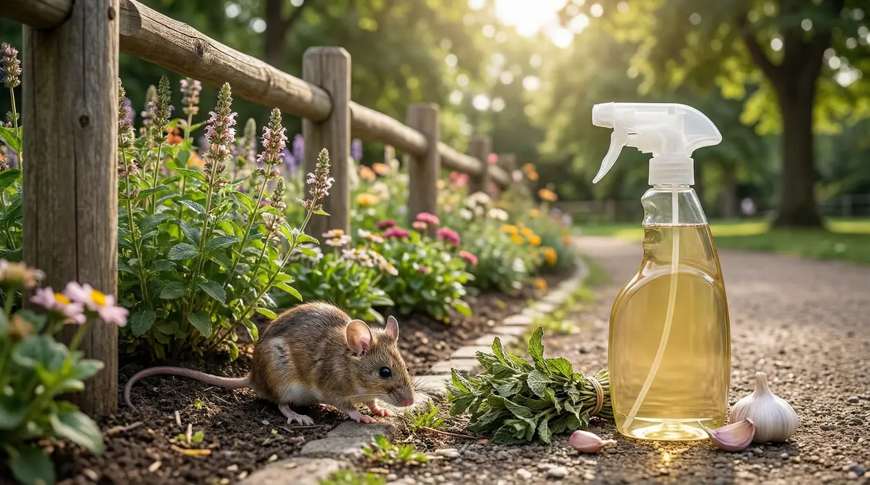 Topo in giardino vicino a flacone spray con repellente naturale, erbe aromatiche e spicchi d’aglio lungo un’aiuola