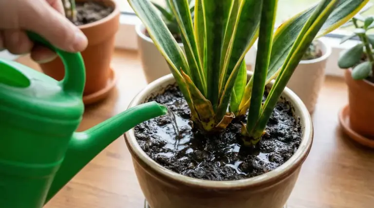 Annaffiatura di una sansevieria in vaso con terriccio molto bagnato, possibile rischio di marciume radicale