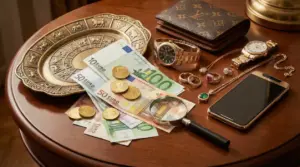 Banconote e monete in euro con orologi, gioielli e smartphone su un tavolo, simbolo di materialismo e valore.