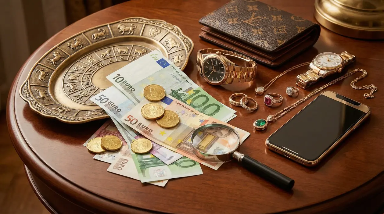 Banconote e monete in euro con orologi, gioielli e smartphone su un tavolo, simbolo di materialismo e valore.