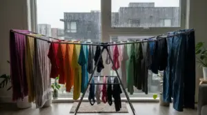 Stendibiancheria con vestiti e asciugamani ad asciugare in casa davanti a una finestra con pioggia