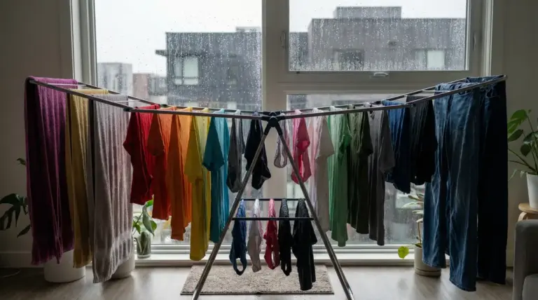 Stendibiancheria con vestiti e asciugamani ad asciugare in casa davanti a una finestra con pioggia