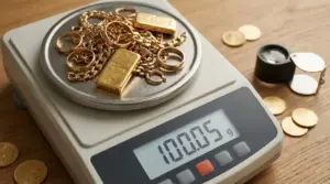 Gioielli e lingottini d’oro su bilancia digitale, usati per stimare il valore di 100 grammi di oro usato