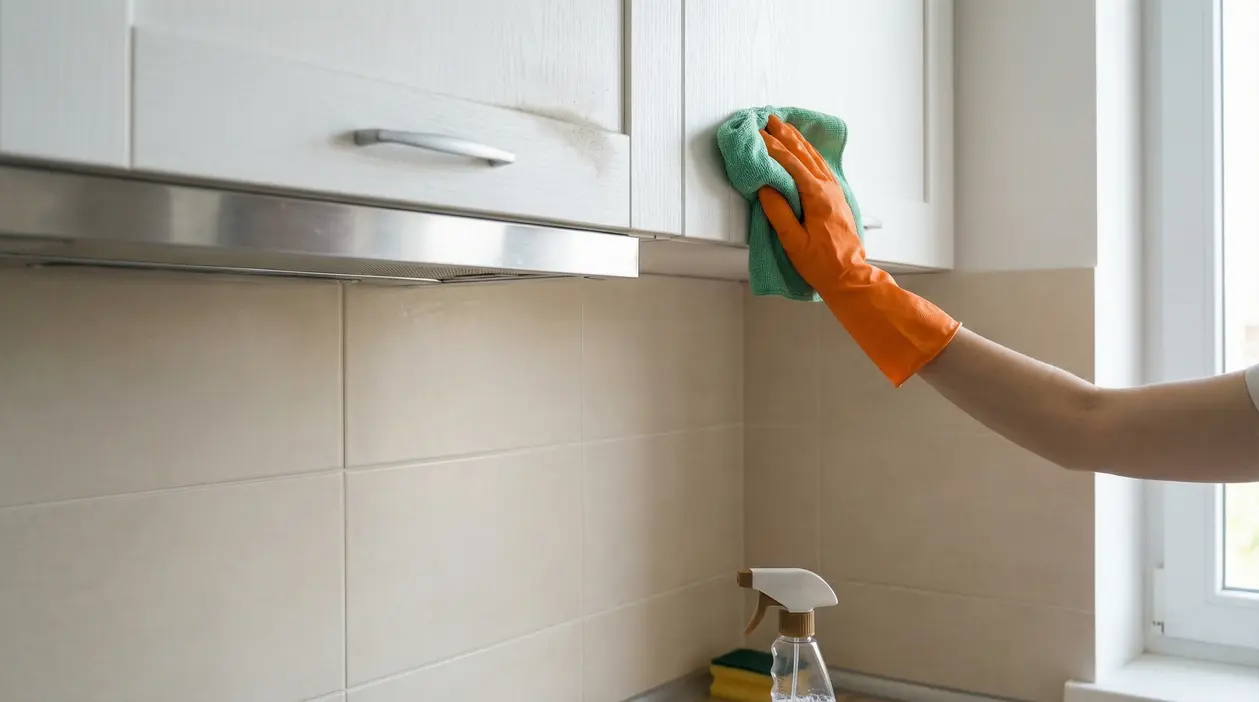 Persona con guanto arancione pulisce i pensili della cucina con panno in microfibra, accanto a spray detergente