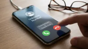 Schermata di chiamata da numero sconosciuto su smartphone, con dito vicino al pulsante per rifiutare la chiamata