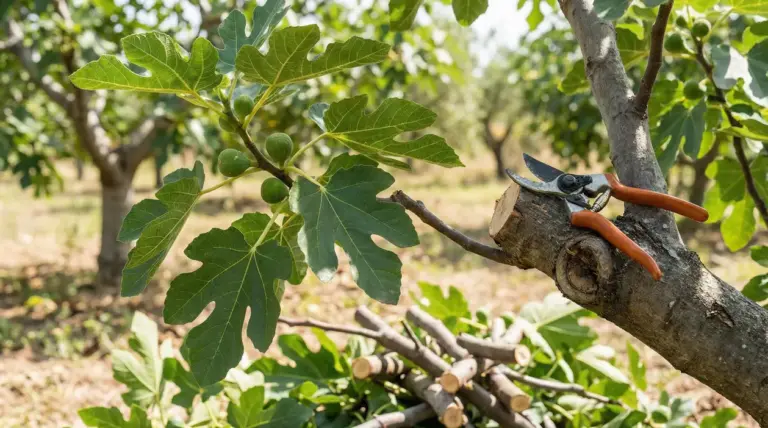 Ramo di fico con foglie e piccoli frutti verdi, con cesoie appoggiate sul tronco dopo un taglio di potatura