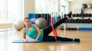 Persona in palestra esegue sollevamento laterale della gamba da sdraiata con banda elastica sulle cosce