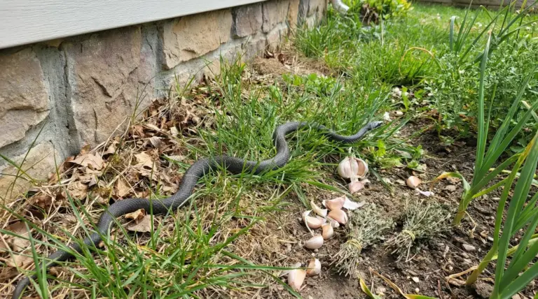 Serpente scuro nell’erba vicino al muro di casa in giardino, accanto a spicchi d’aglio sul terreno