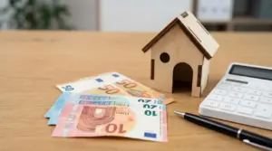 Casa in legno con banconote in euro, calcolatrice e penna su un tavolo, simbolo di sconto IMU sulla seconda casa