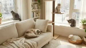 Cinque gatti tranquilli in un soggiorno luminoso, tra divano, tiragraffi e davanzale della finestra