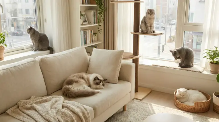 Cinque gatti tranquilli in un soggiorno luminoso, tra divano, tiragraffi e davanzale della finestra