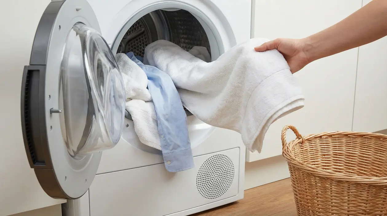 Una persona estrae asciugamani e una camicia dall’asciugatrice aperta, con cesta della biancheria accanto