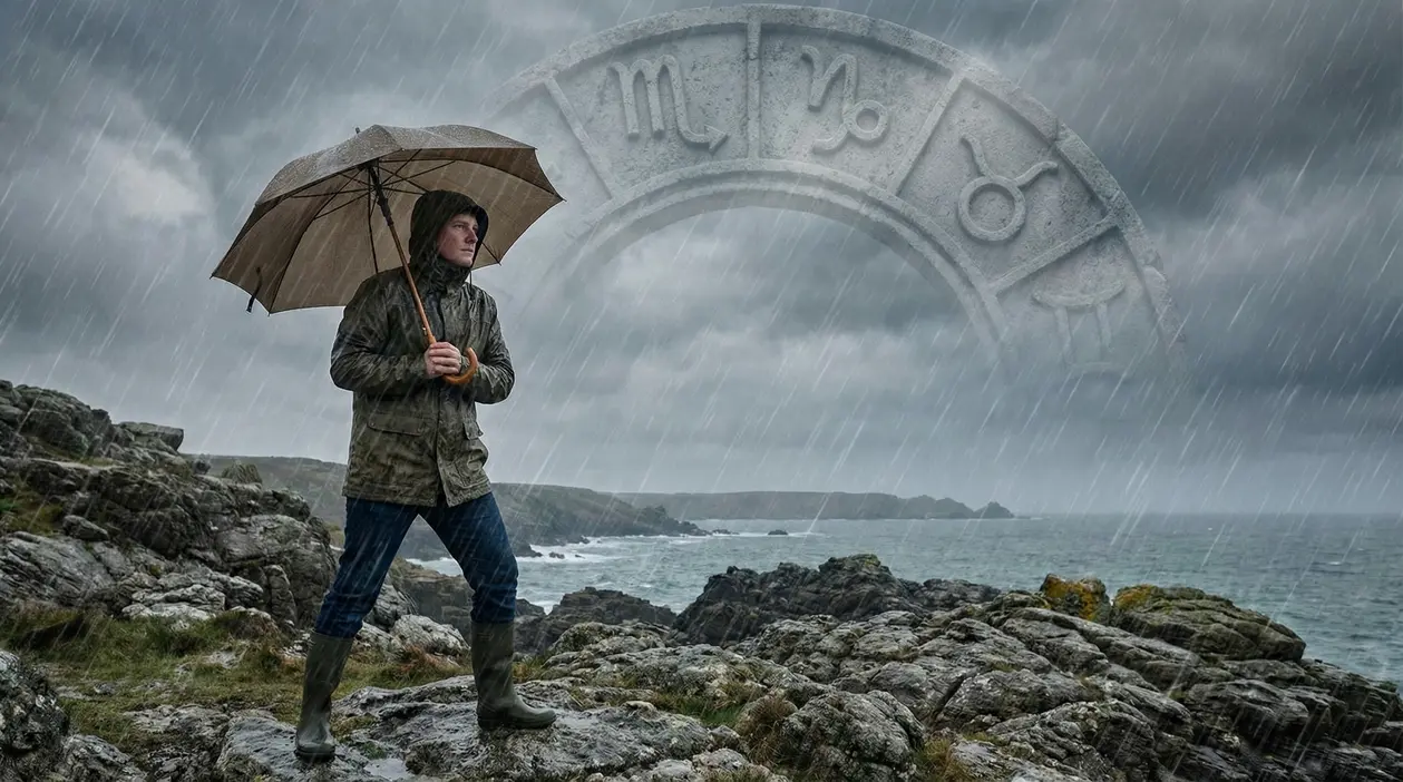 Persona con impermeabile e ombrello su una scogliera sotto la pioggia, con simboli zodiacali sullo sfondo