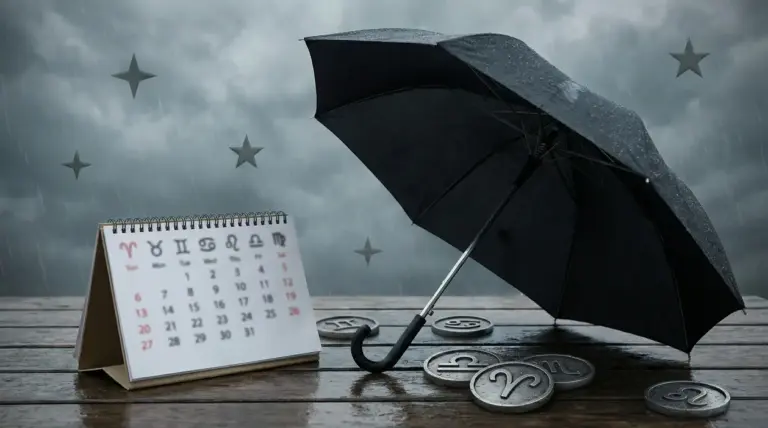 Ombrello nero sotto la pioggia accanto a un calendario con simboli zodiacali su un tavolo di legno