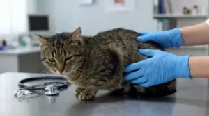 Gatto tigrato visitato dal veterinario su un tavolo clinico, con guanti blu e stetoscopio sullo sfondo
