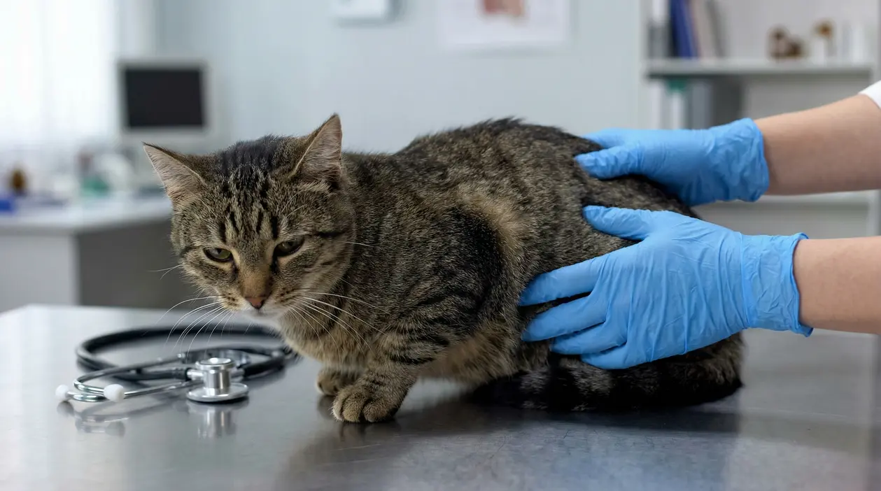 Gatto tigrato visitato dal veterinario su un tavolo clinico, con guanti blu e stetoscopio sullo sfondo